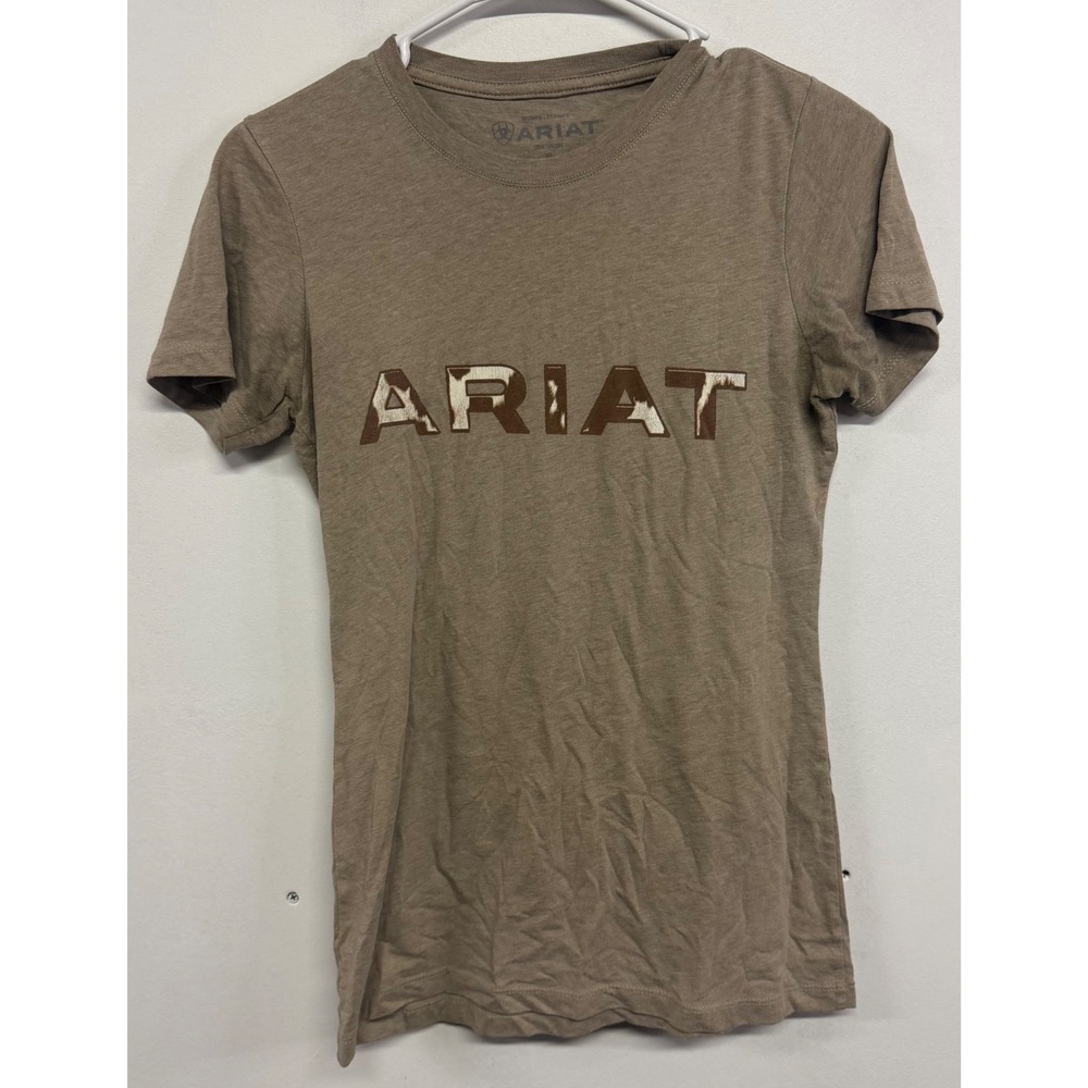Ariat Womens Graphic T-Shirt Tan Cowhide Logo Short Sleeve Crew Neck Small